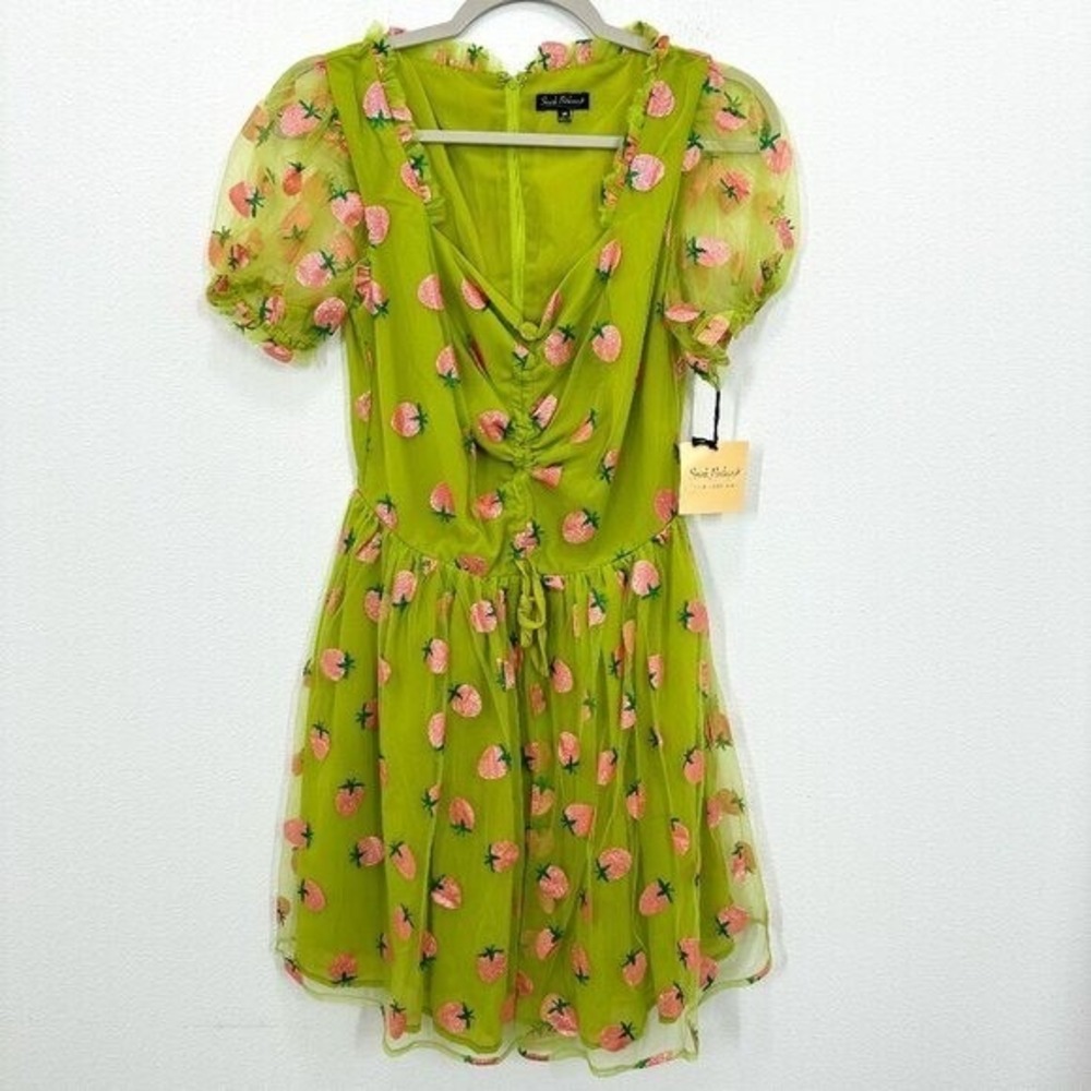 Smak Parlour Sweetheart Mini Dress Strawberry Print Sheer Mesh Overlay Fairycore